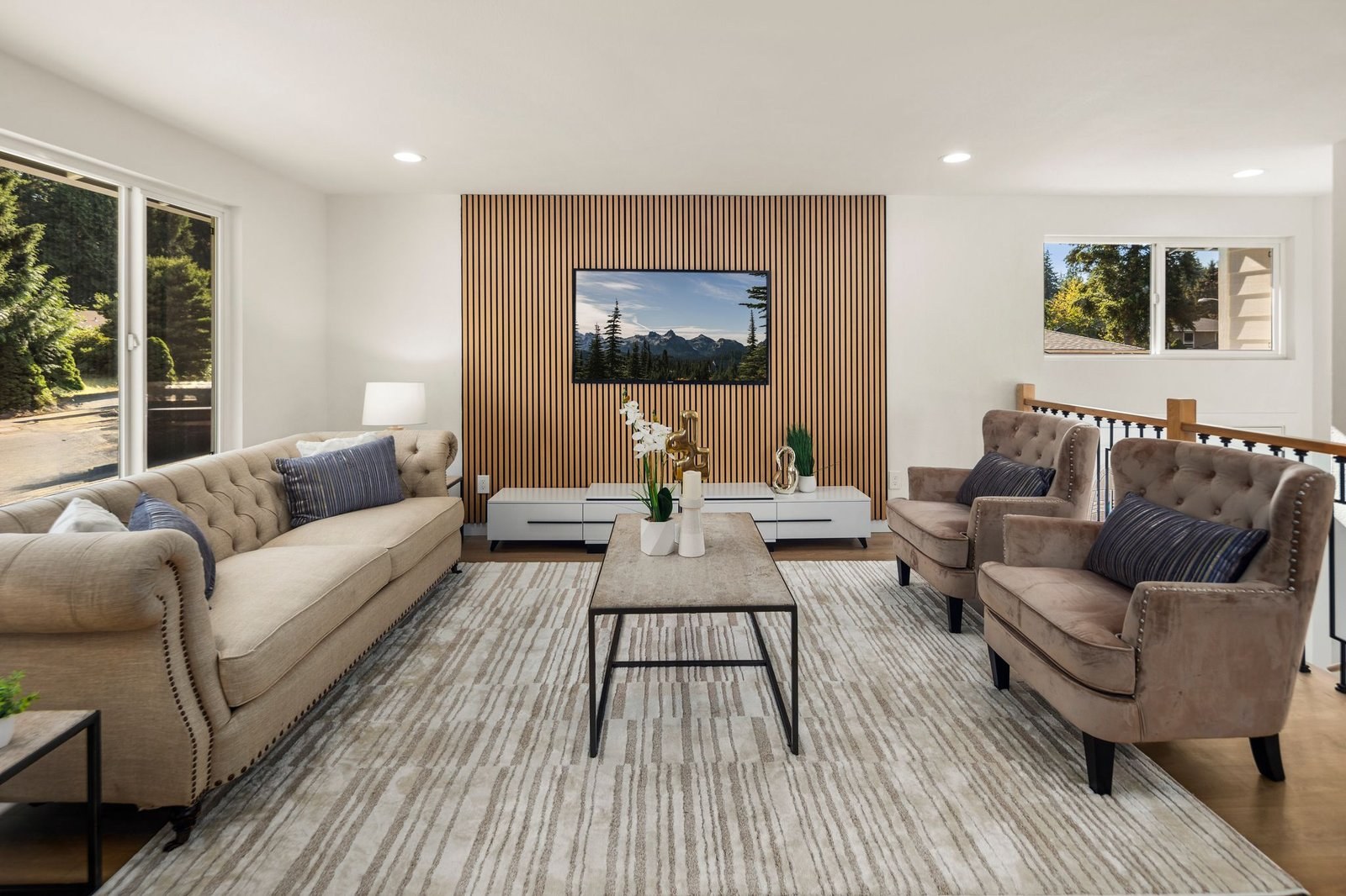 Living room with wood slat feature wall